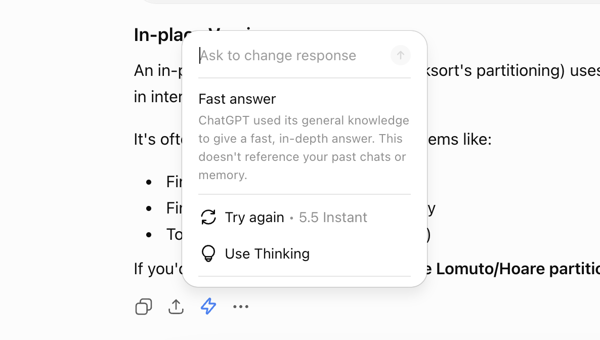 The menu behind the lightning-bolt icon on a Fast answer