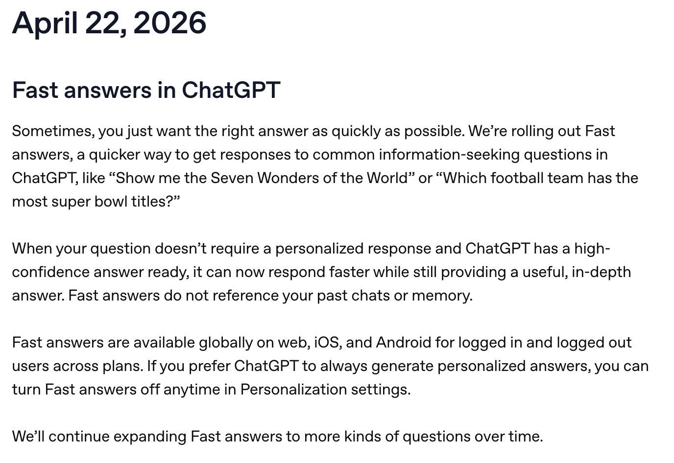 The April 22, 2026 ChatGPT release note for Fast answers