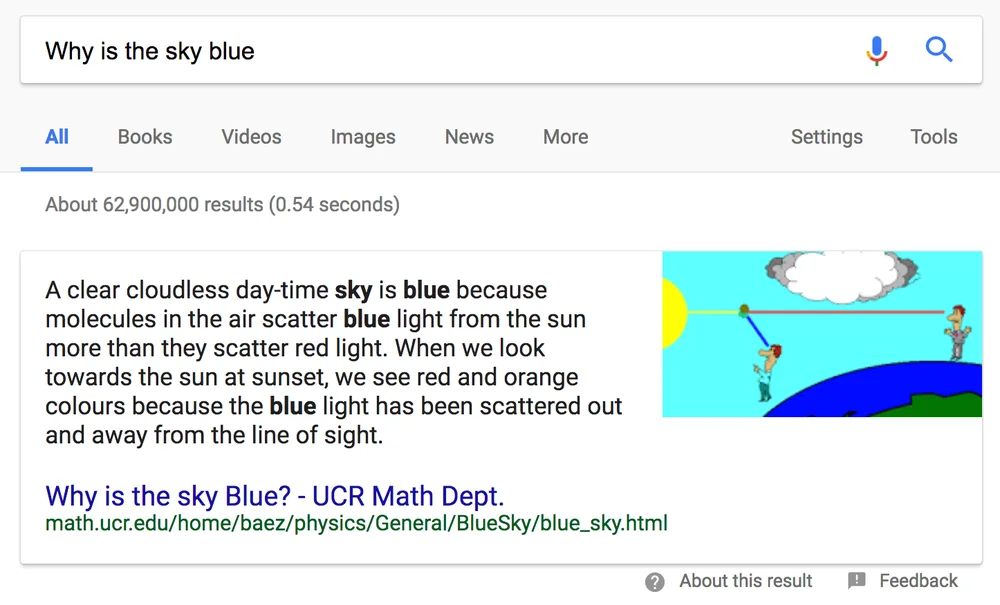 A Google Featured Snippet answering the query "Why is the sky blue"