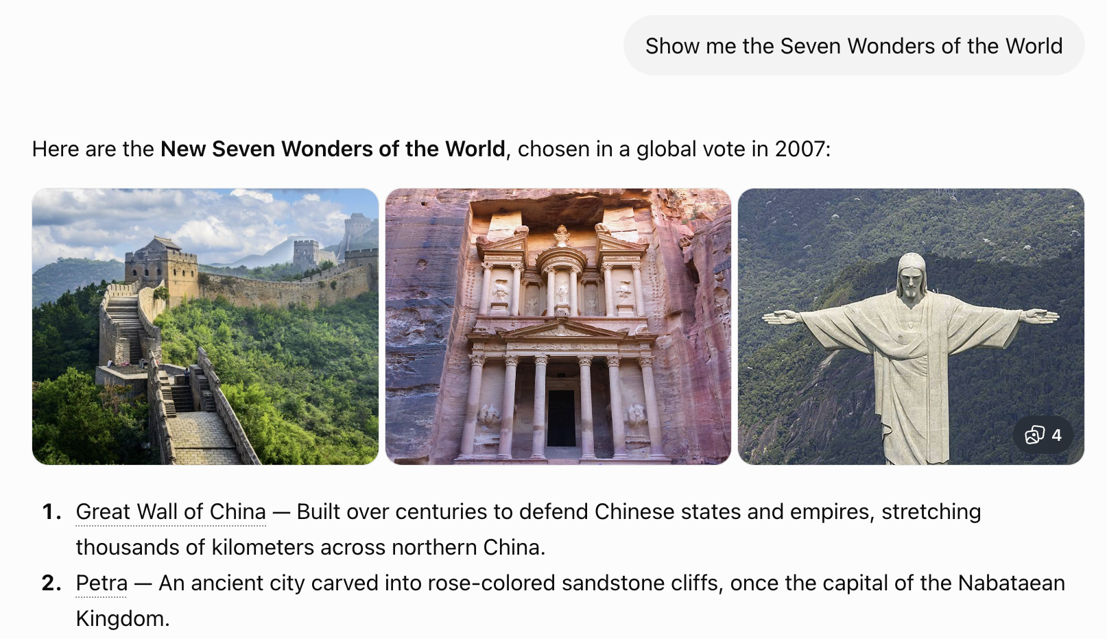 First generated response for Show me the Seven Wonders of the World